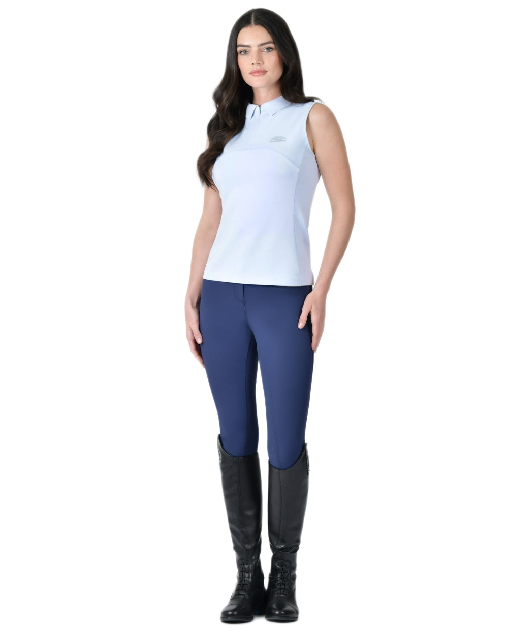 Mist Blue coloured WeatherBeeta Womens 37.5 Sleeveless Performance Polo T-Shirt on white background