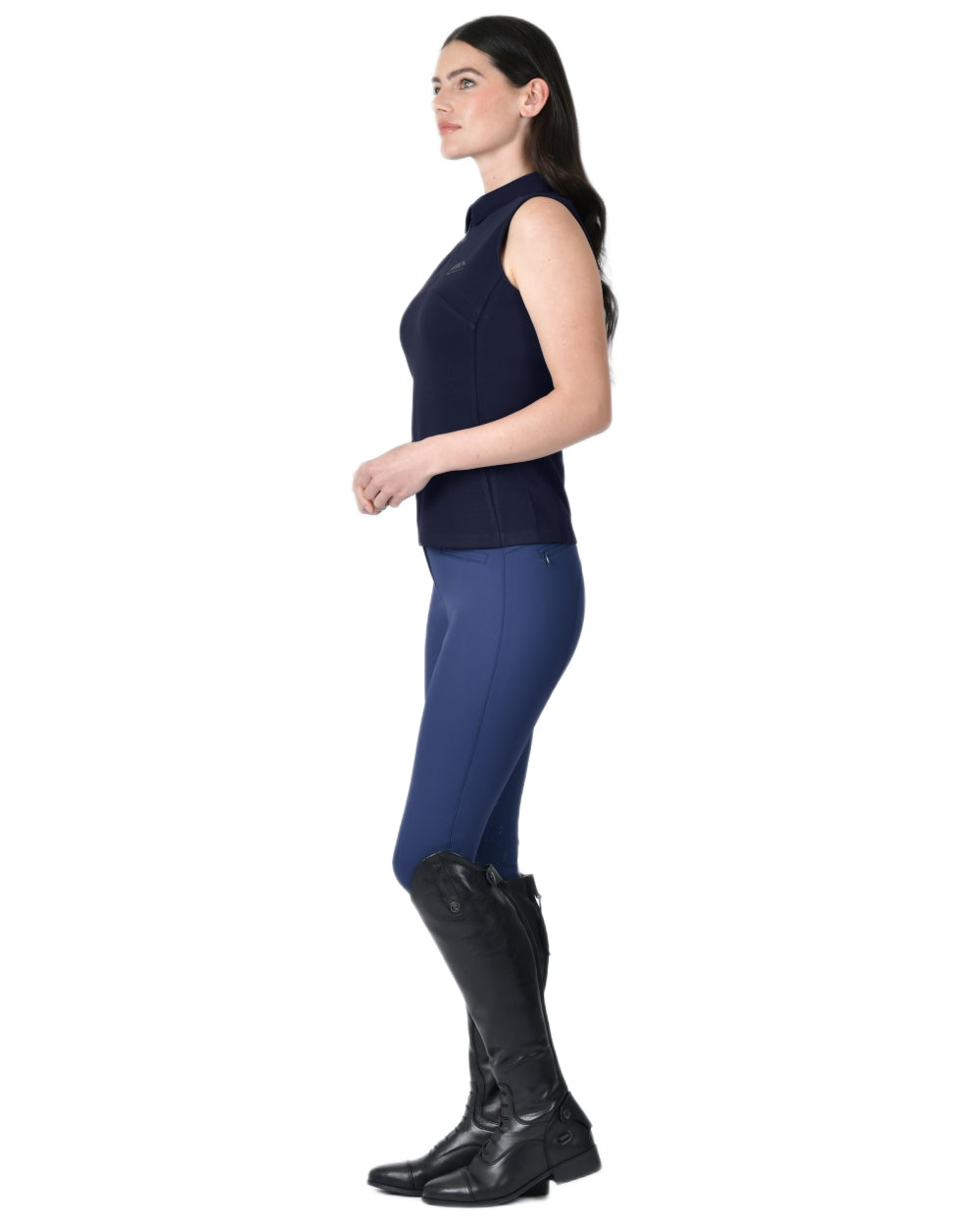Navy coloured WeatherBeeta Womens 37.5 Sleeveless Performance Polo T-Shirt on white background