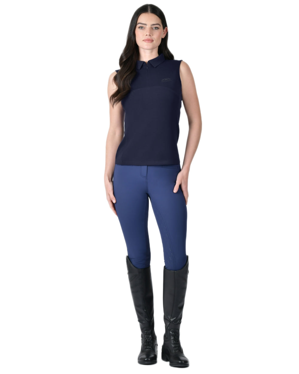 Navy coloured WeatherBeeta Womens 37.5 Sleeveless Performance Polo T-Shirt on white background