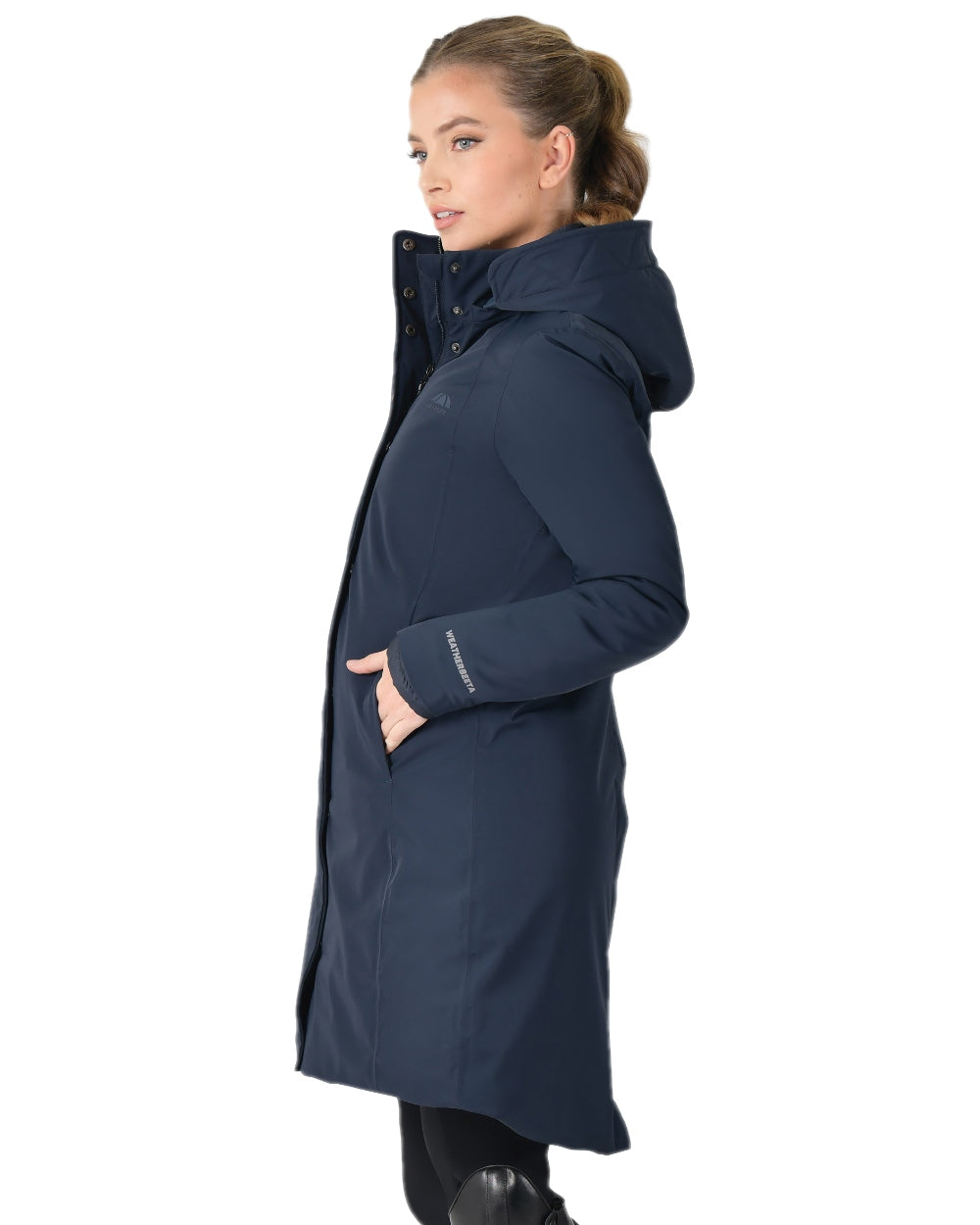 Navy Coloured WeatherBeeta Womens All Purpose Waterproof Longline Equestrian Jacket on white background
