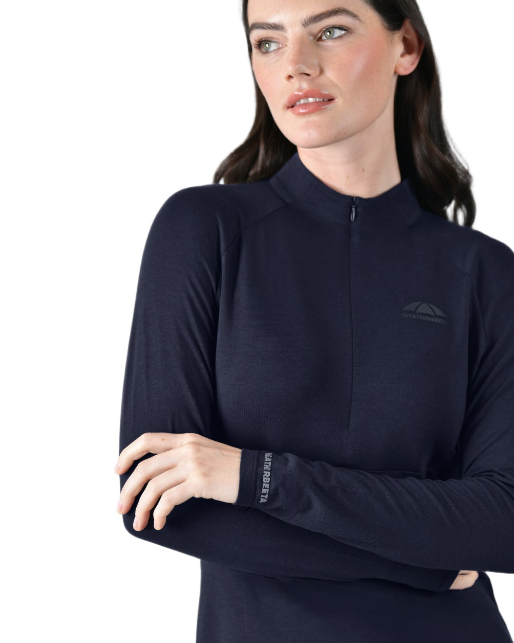 Navy coloured WeatherBeeta Womens Bamboo Long Sleeve Performance Base Layer on white background