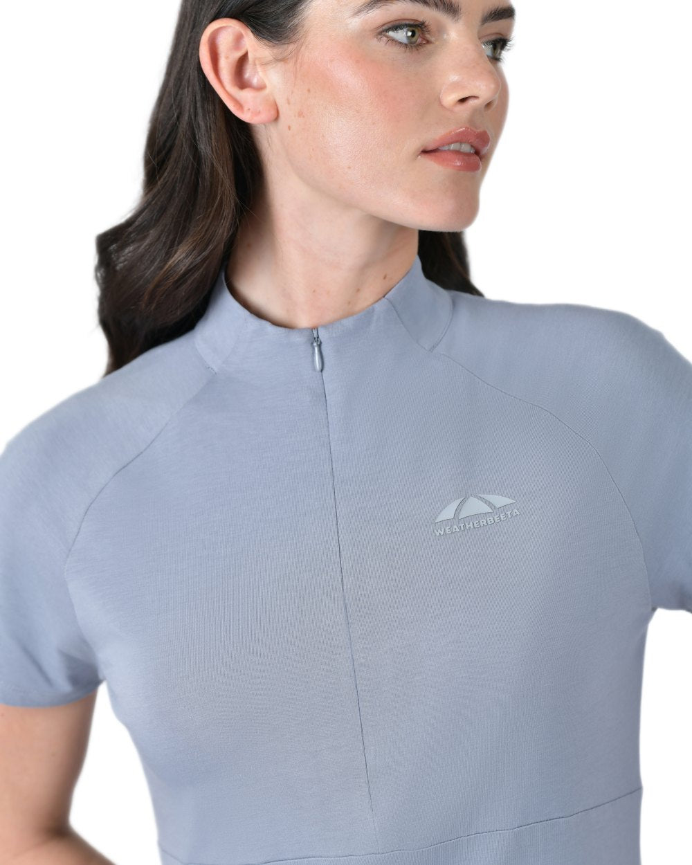 Bluestone coloured WeatherBeeta Womens Bamboo Short Sleeve Performance Base Layer on white background