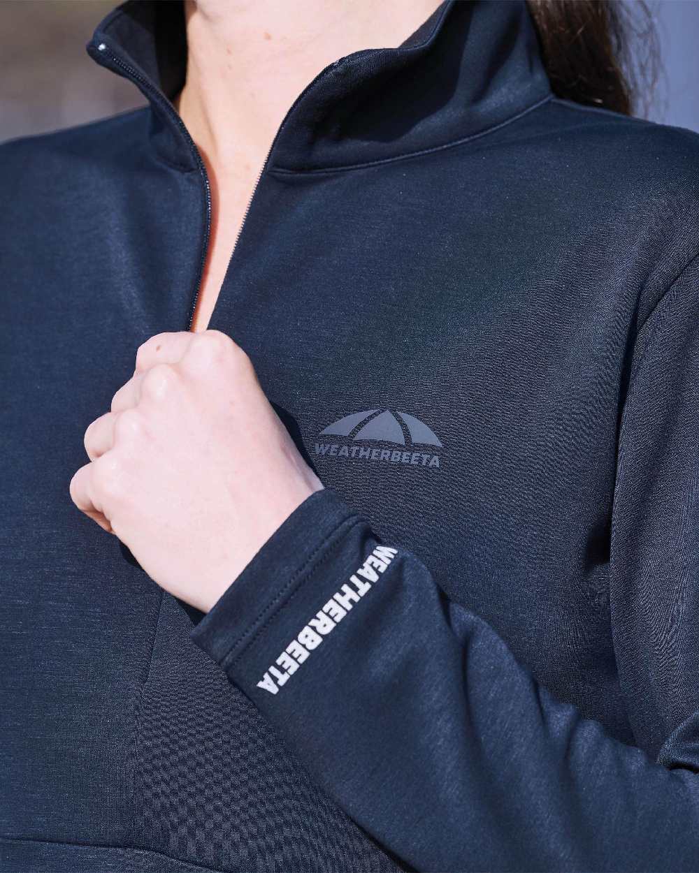 Navy Coloured WeatherBeeta Womens Copper Half Zip Long Sleeve Mid-Layer on outdoor background