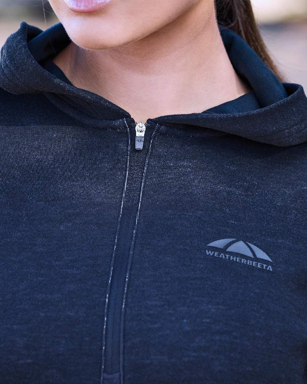 Dark Navy Marle Coloured WeatherBeeta Womens London Layer Long Sleeve Top With Hood on outdoor background
