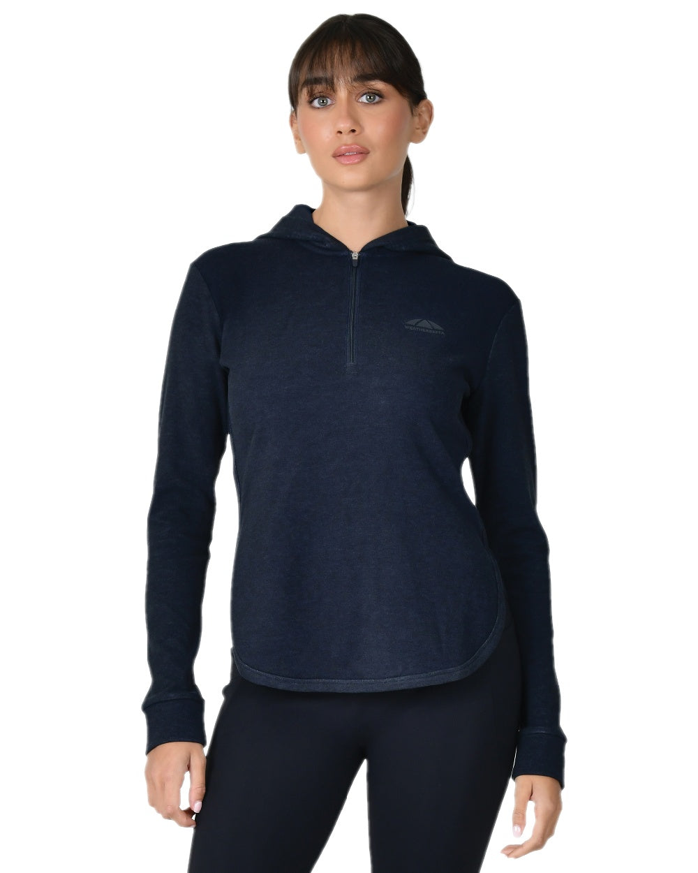 Dark Navy Marle Coloured WeatherBeeta Womens London Layer Long Sleeve Top With Hood on white background