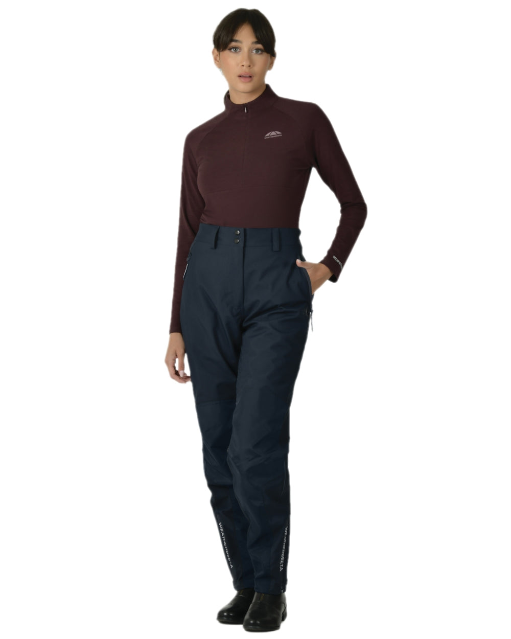 Navy White Coloured WeatherBeeta Womens Rayne Waterproof Overtrousers II on white background