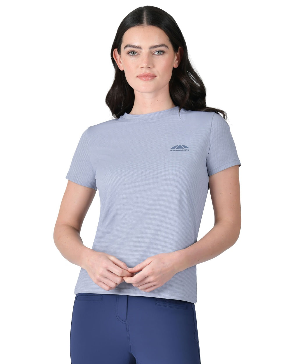 Blue Stone coloured WeatherBeeta Womens Relaxed UV Short Sleeve T-Shirt on white background