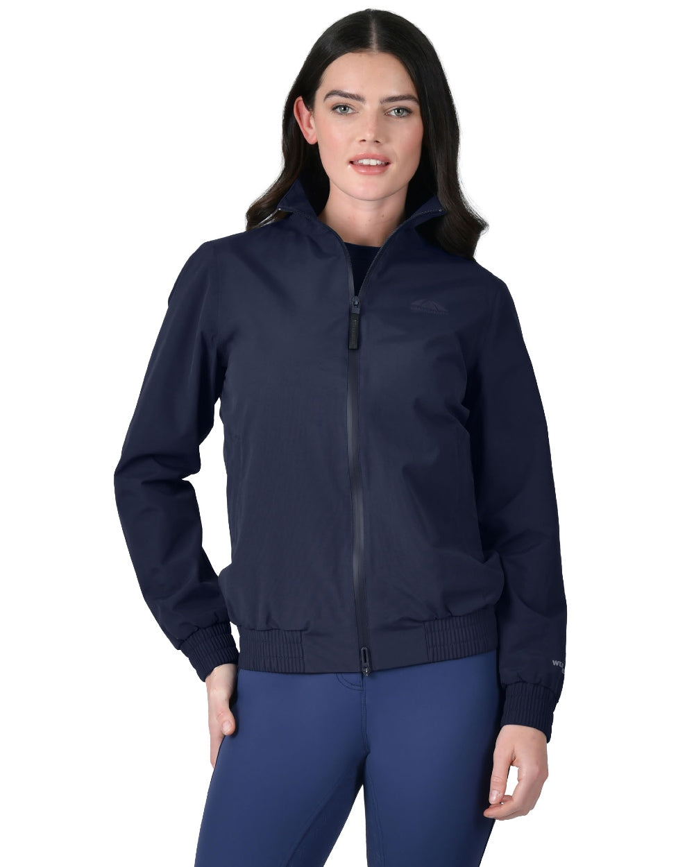 Navy coloured WeatherBeeta Womens Waterproof Team Jacket on white background