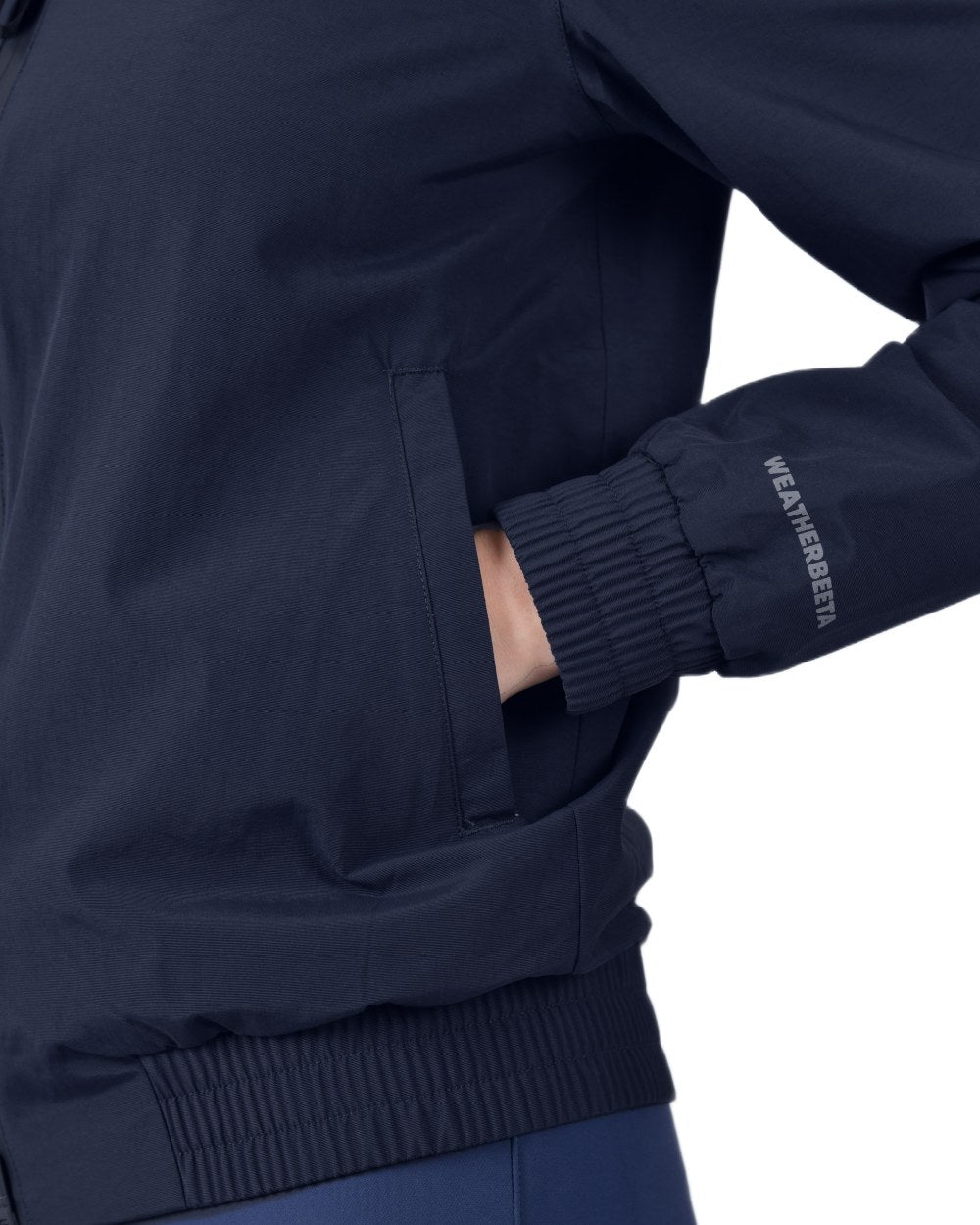 Navy coloured WeatherBeeta Womens Waterproof Team Jacket on white background