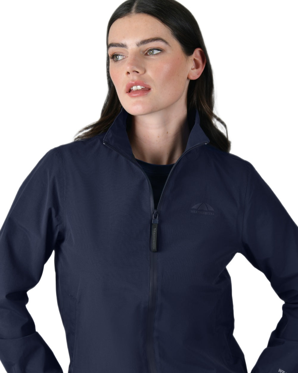 Navy coloured WeatherBeeta Womens Waterproof Team Jacket on white background