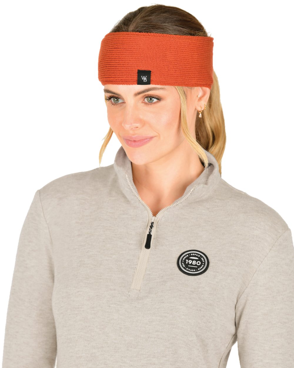 Redwood coloured WeatherBeeta Fleece Lined Ponytail Headband on white background