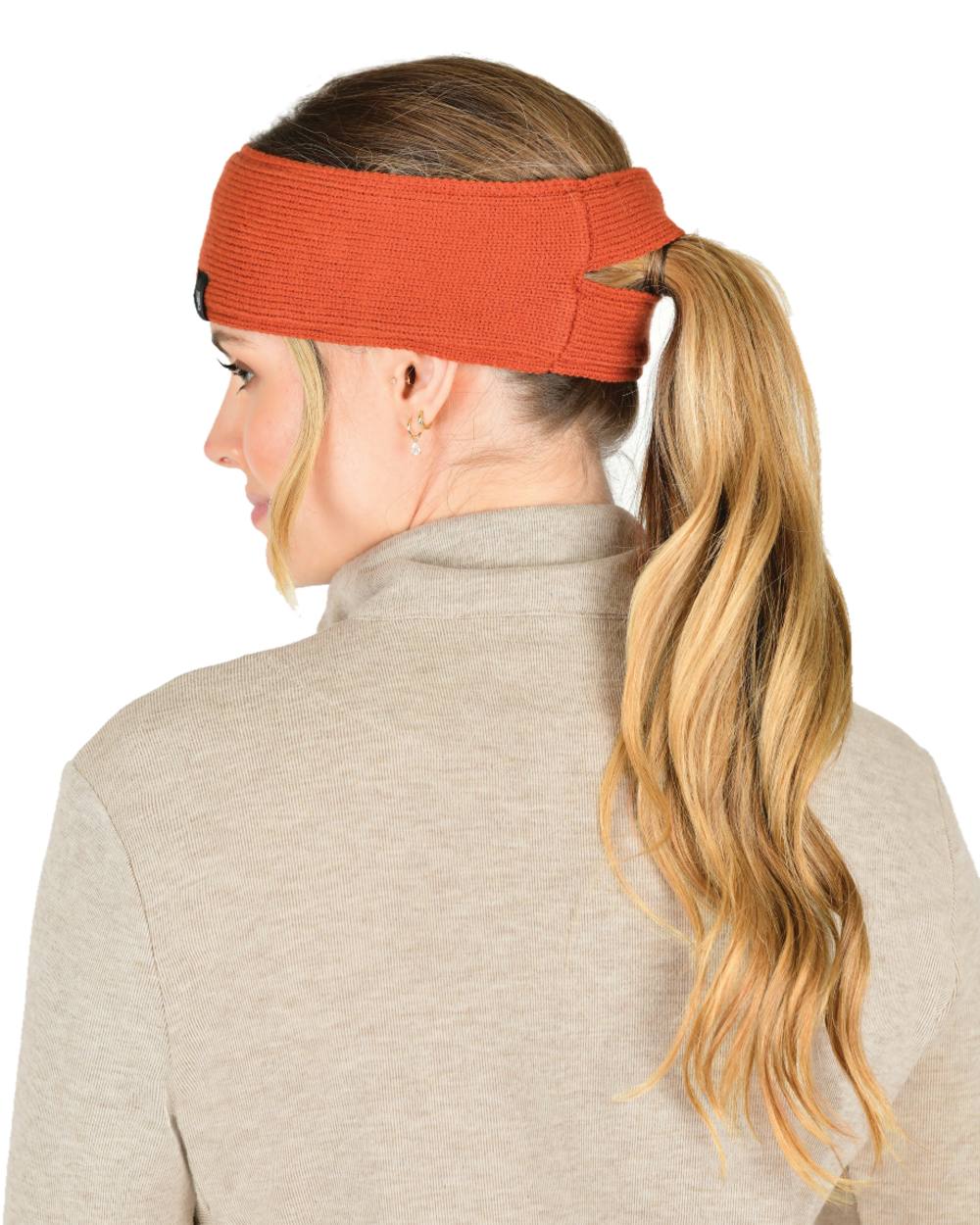 Redwood coloured WeatherBeeta Fleece Lined Ponytail Headband on white background
