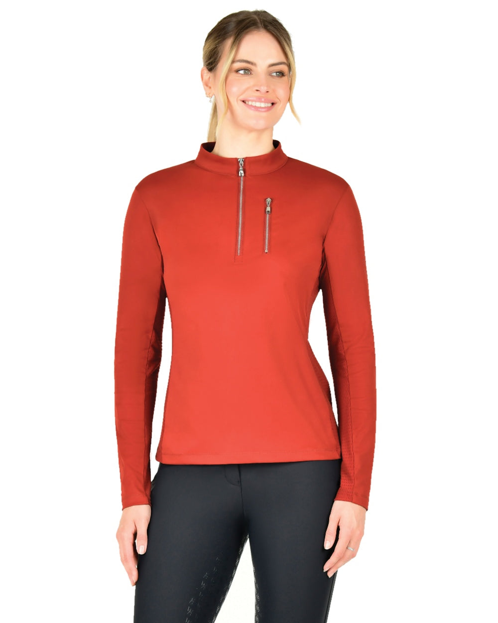 Red Ochre coloured WeatherBeeta Womens Reno Long Sleeve Riding Top on white background