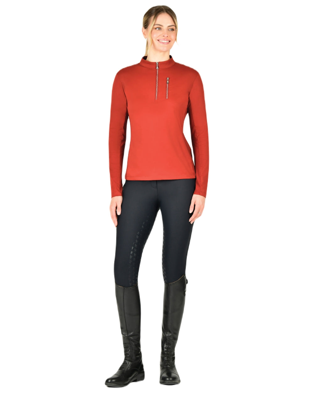 Red Ochre coloured WeatherBeeta Womens Reno Long Sleeve Riding Top on white background
