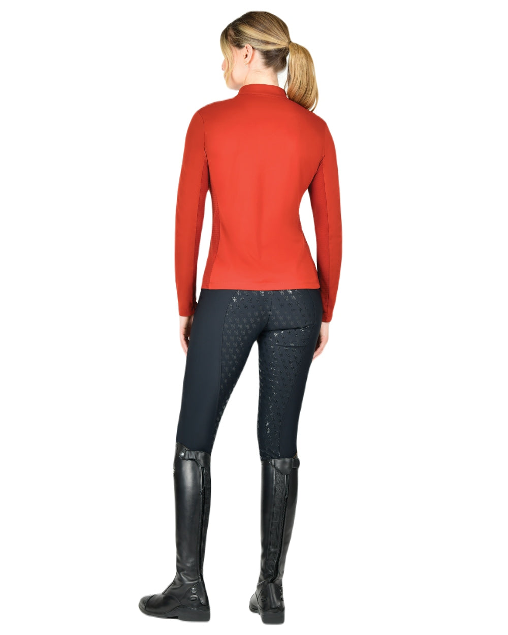 Red Ochre coloured WeatherBeeta Womens Reno Long Sleeve Riding Top on white background