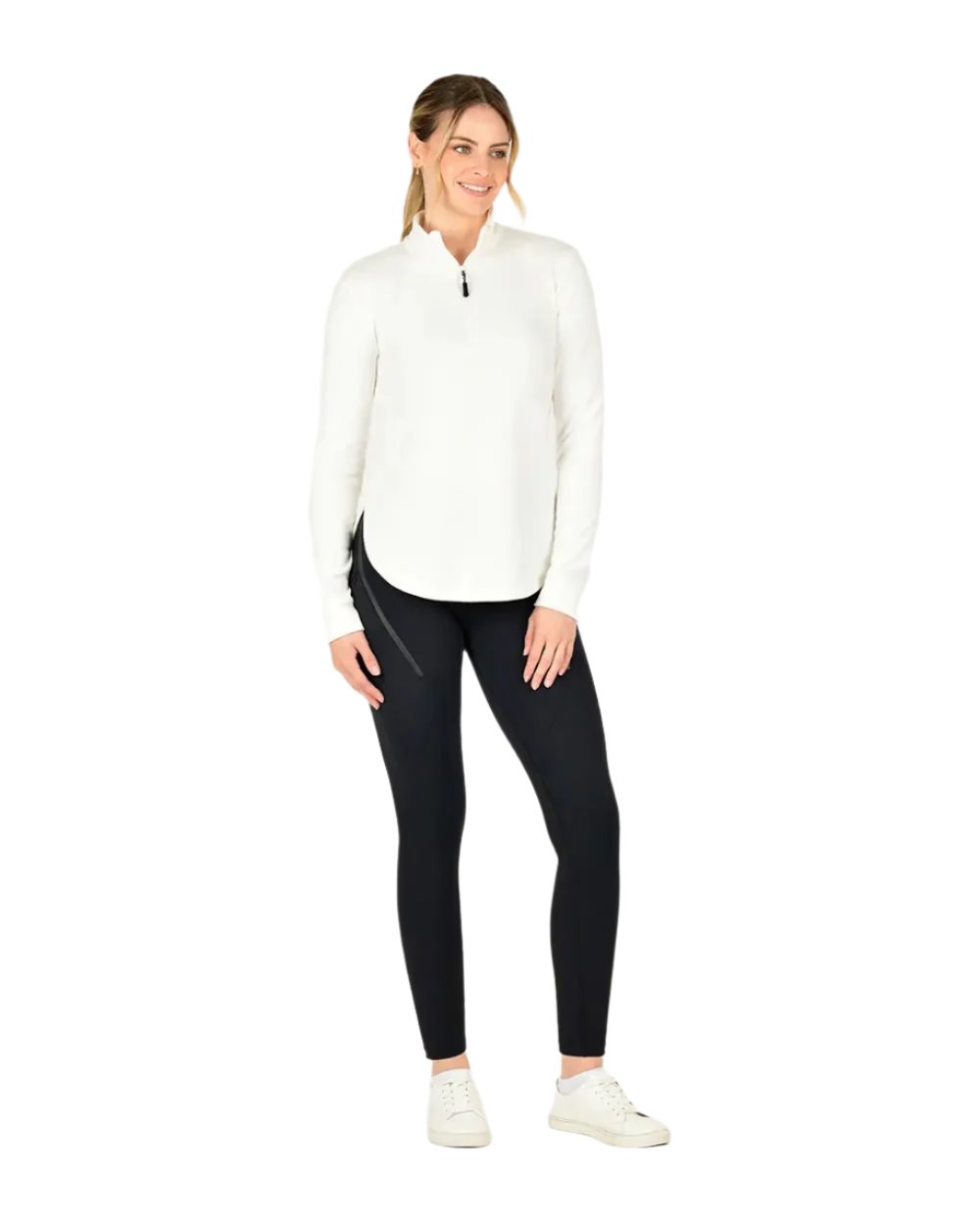 Gardenia Coloured WeatherBeeta London Layer Long Sleeve Top On A grey Background