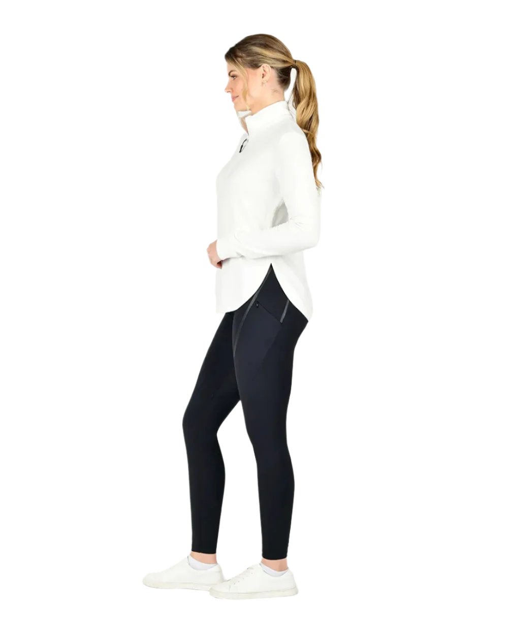 Gardenia Coloured WeatherBeeta London Layer Long Sleeve Top On A grey Background