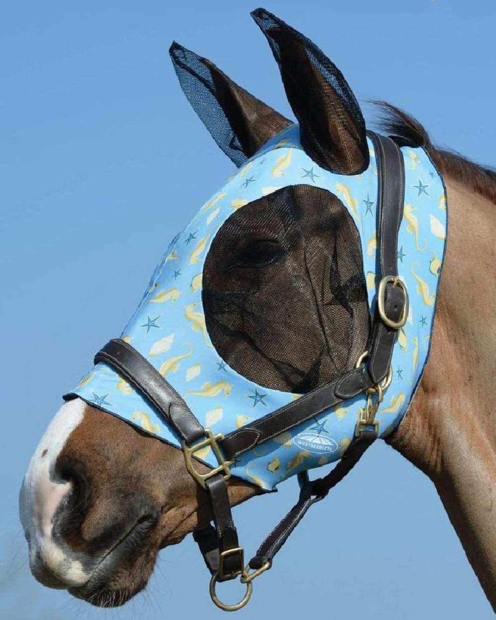 Seahorse Print coloured WeatherBeeta Stretch Bug Eye Saver With Ears on blue background
