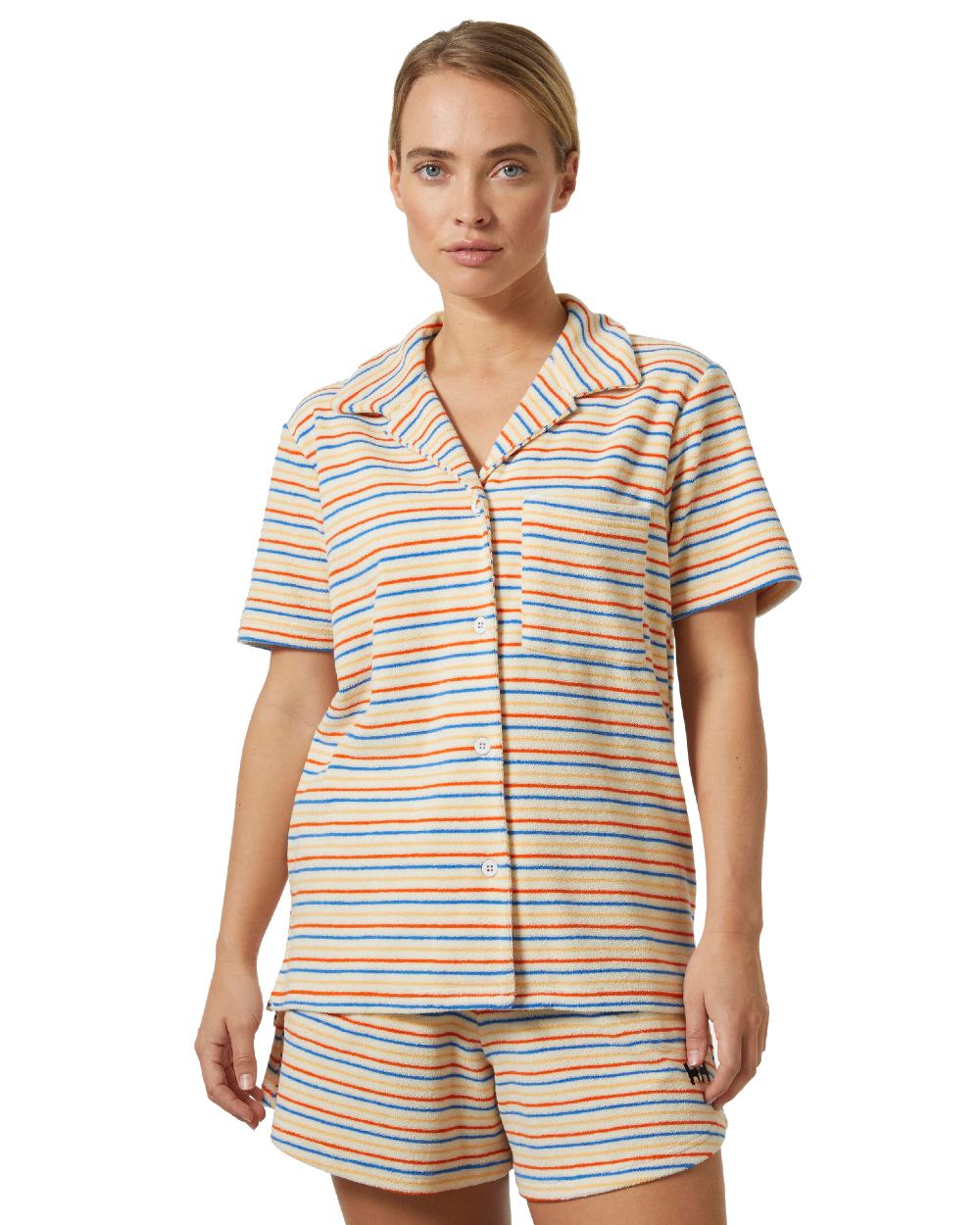 Snow Multistripe coloured Helly Hansen womens siren towelling shirt on white background