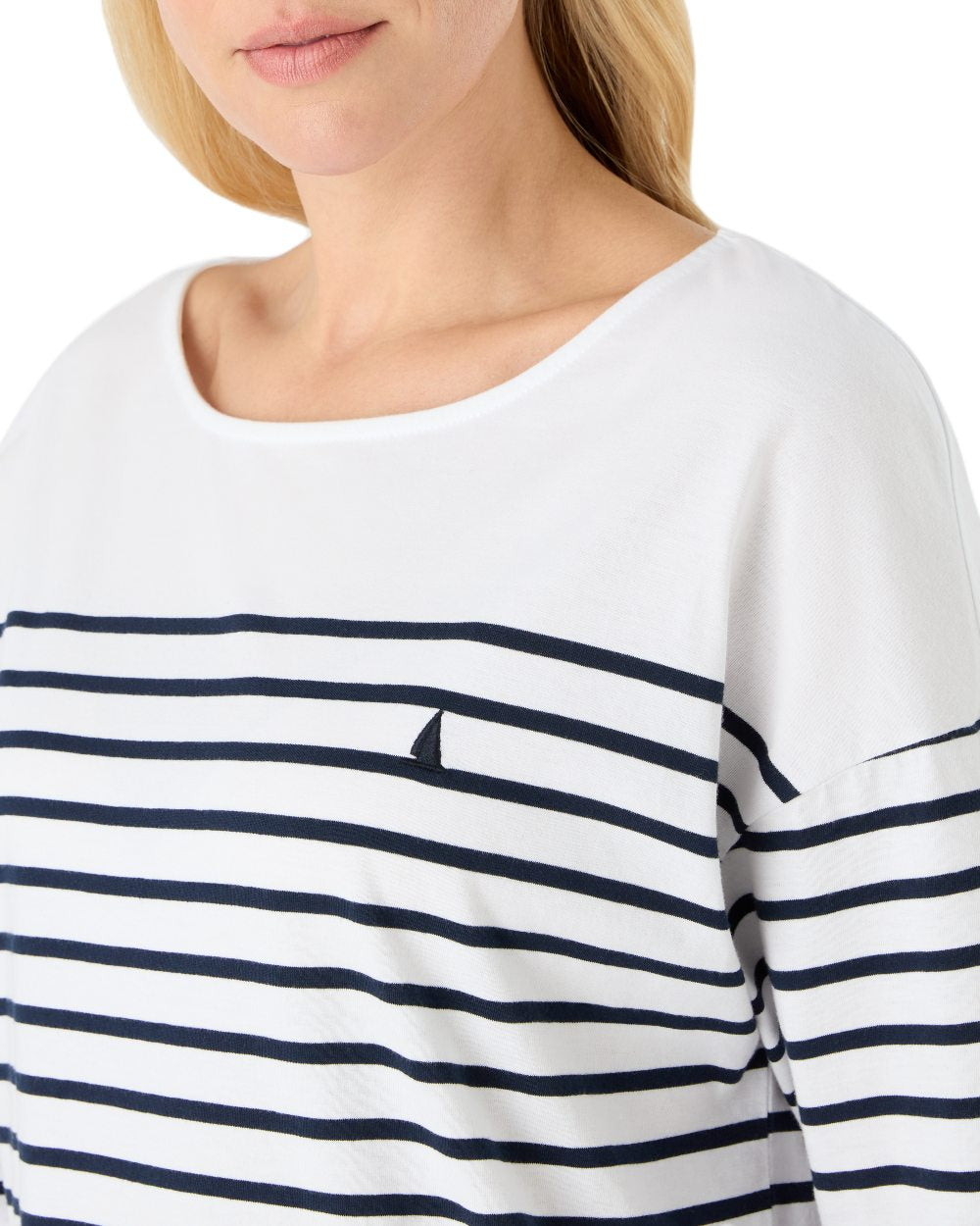 White/Navy Coloured Musto Womens Falmouth Striped T-Shirt On A White Background 