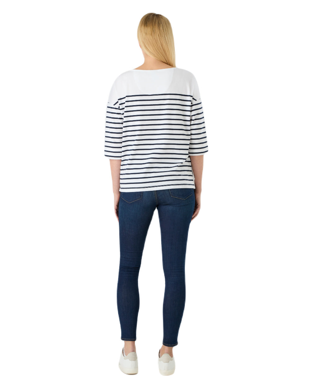 White/Navy Coloured Musto Womens Falmouth Striped T-Shirt On A White Background 