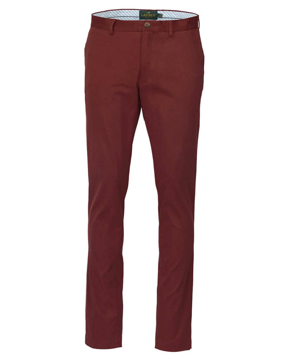 Wine Coloured Laksen Lumley Chino Trousers On A White Background