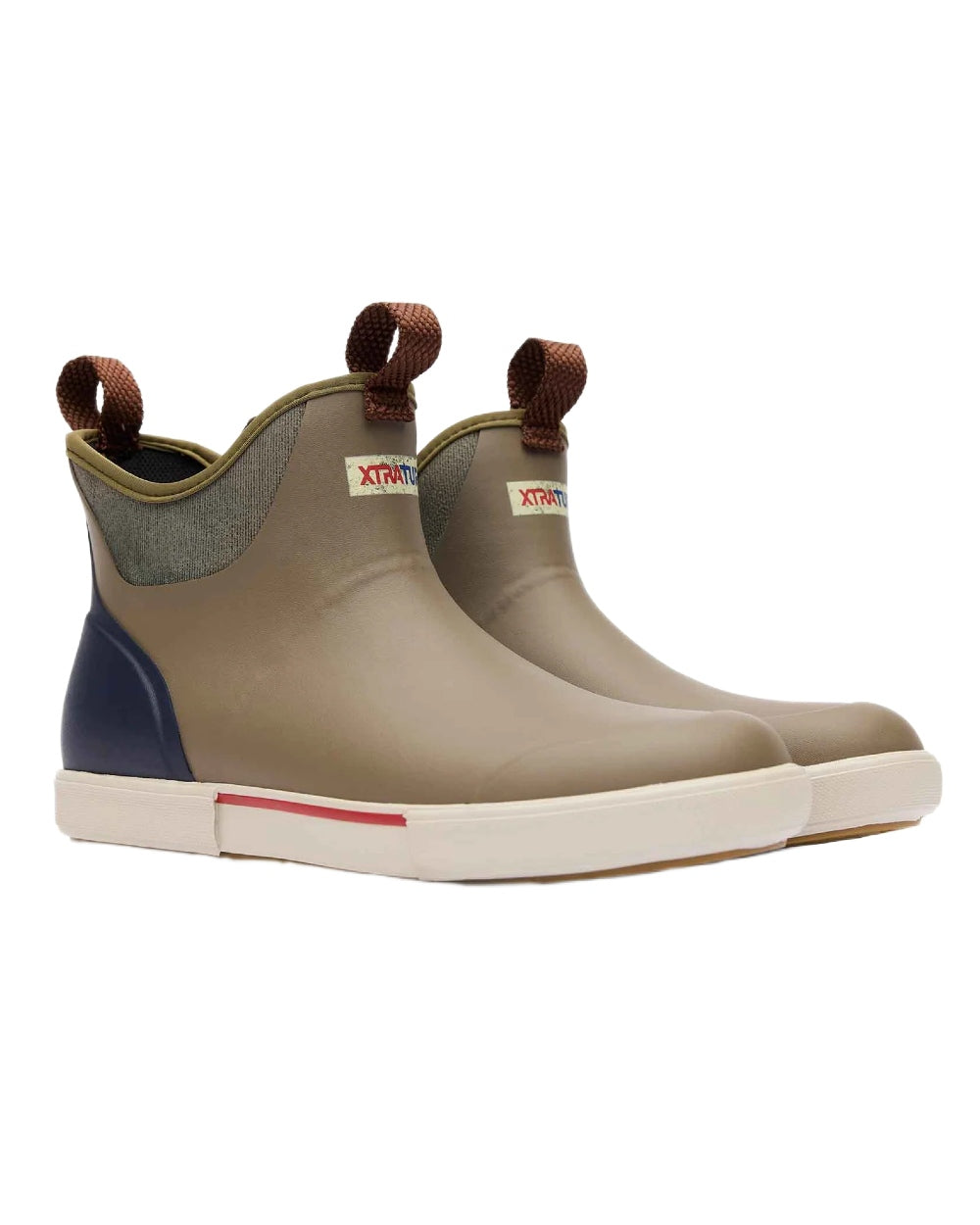Vintage Olive Coloured Xtratuf Mens 6 Ankle Deck Vintage Boots on white background