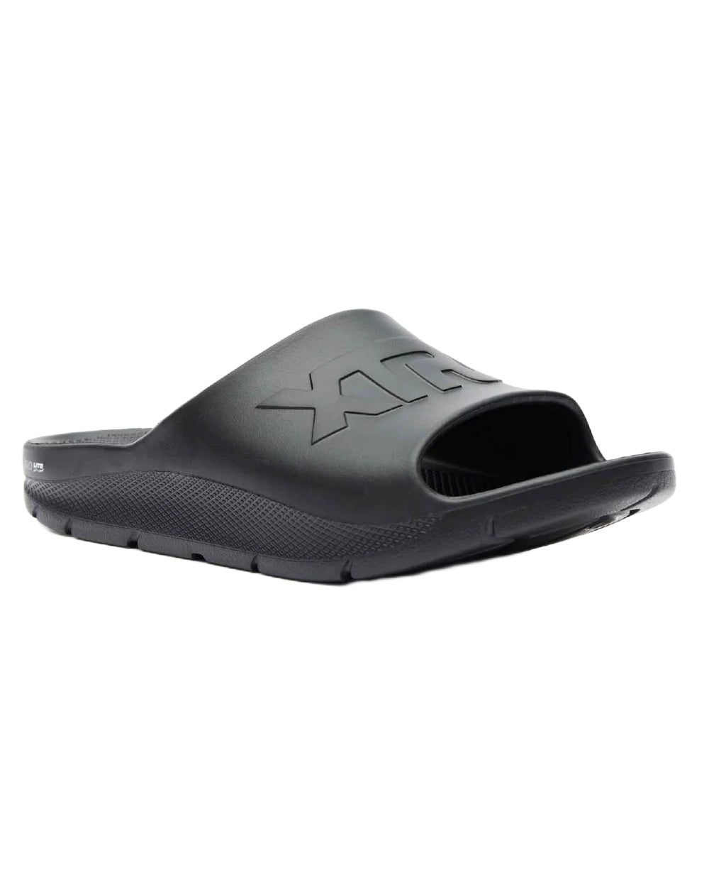 Black Coloured Xtratuf Mens Apres Fish Sliders on white background