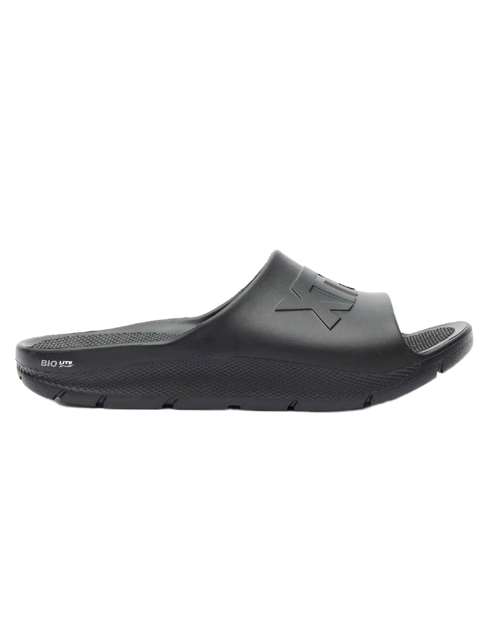 Black Coloured Xtratuf Mens Apres Fish Sliders on white background