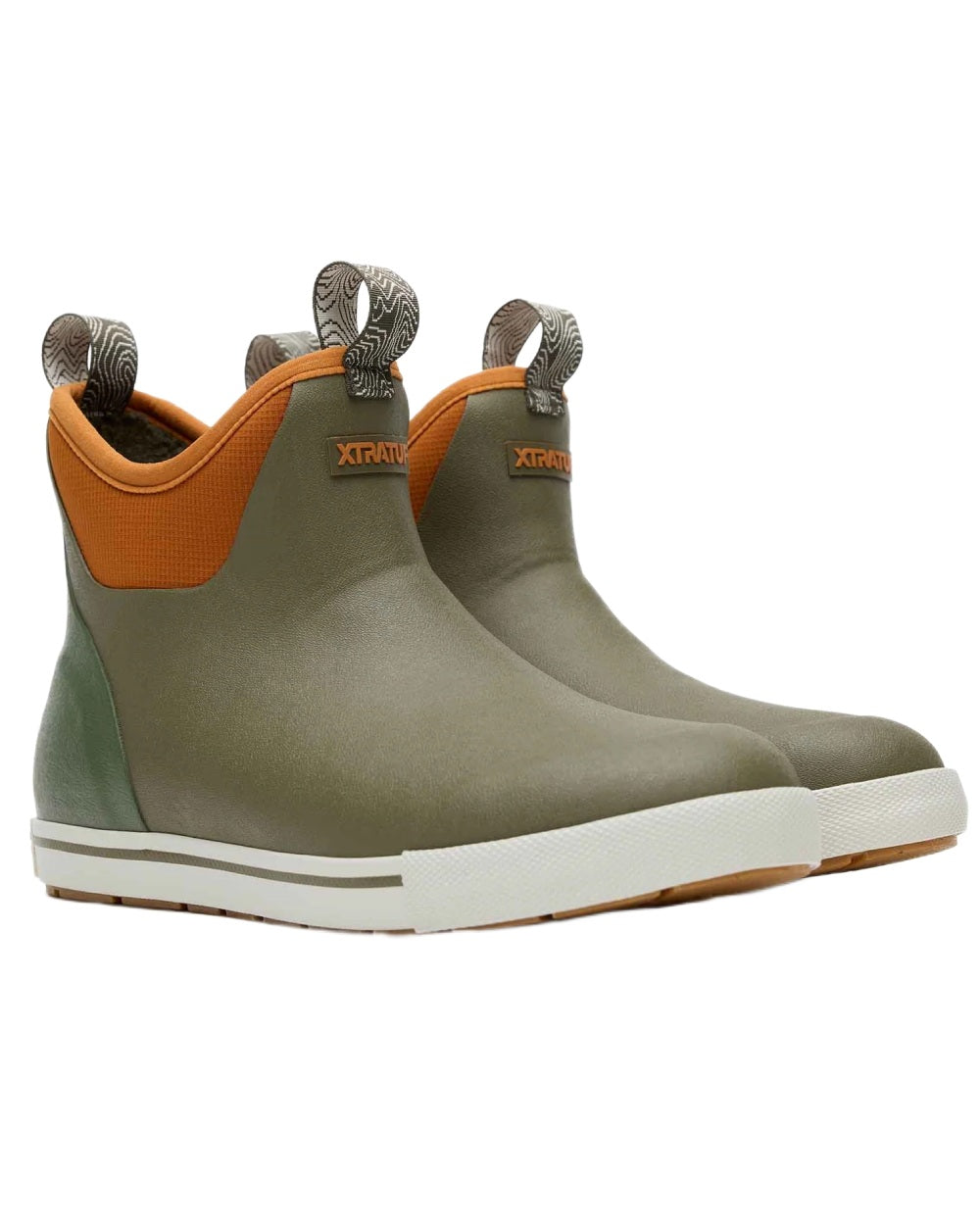 Olive Coloured Xtratuf Womens 6" Ankle Deck Camp Boots on white background