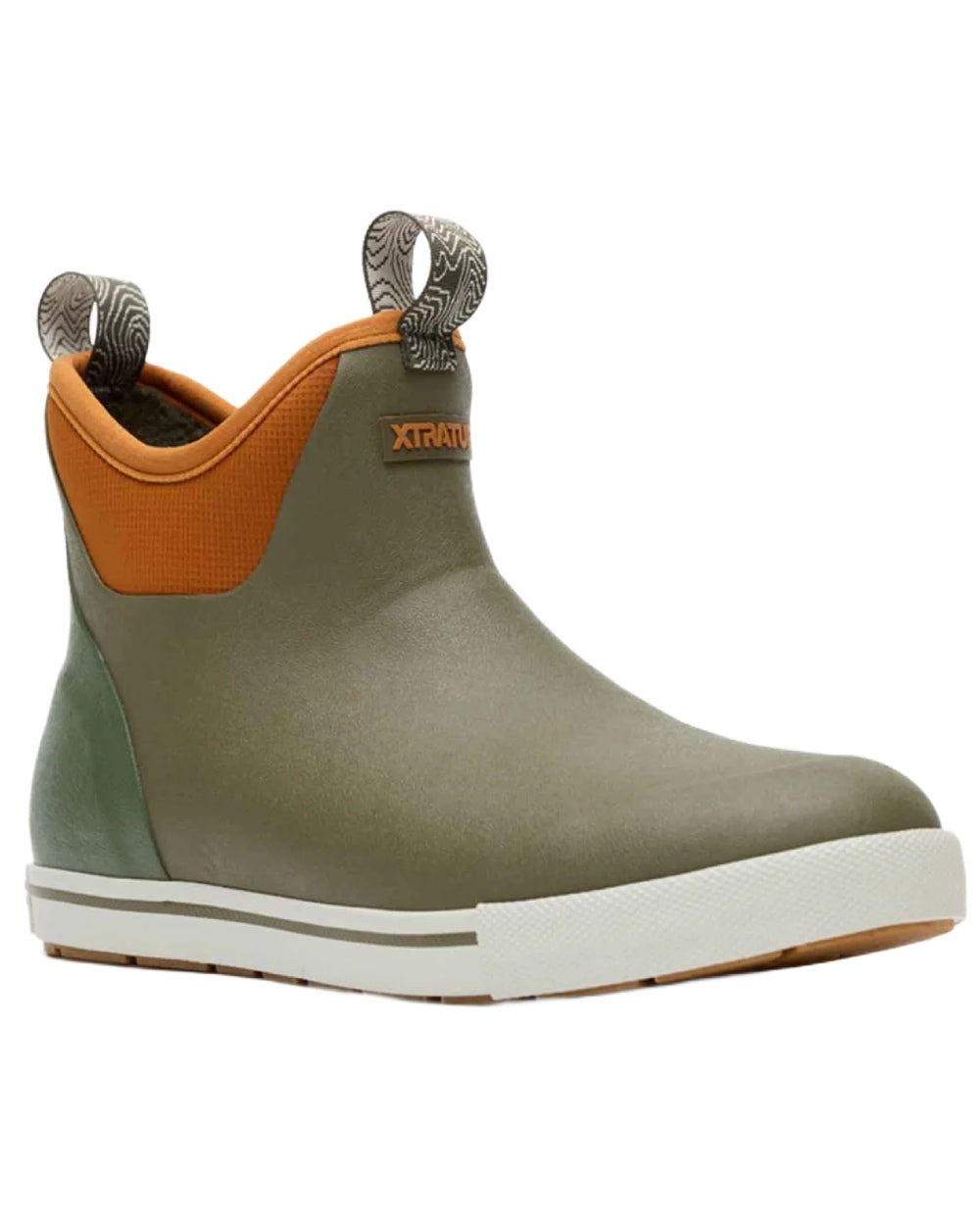 Olive Coloured Xtratuf Womens 6" Ankle Deck Camp Boots on white background