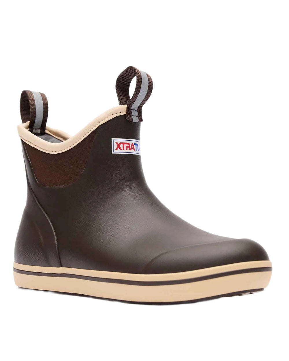 Brown Coloured Xtratuf Womens 6" Ankle Deck Boots on outdoor background