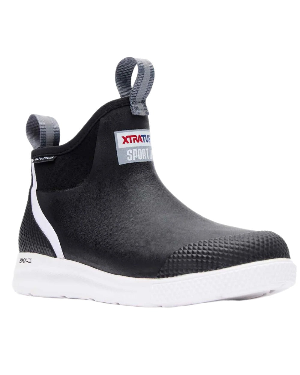 Black Coloured Xtratuf Womens 6" Ankle Deck Sport Boots on white background