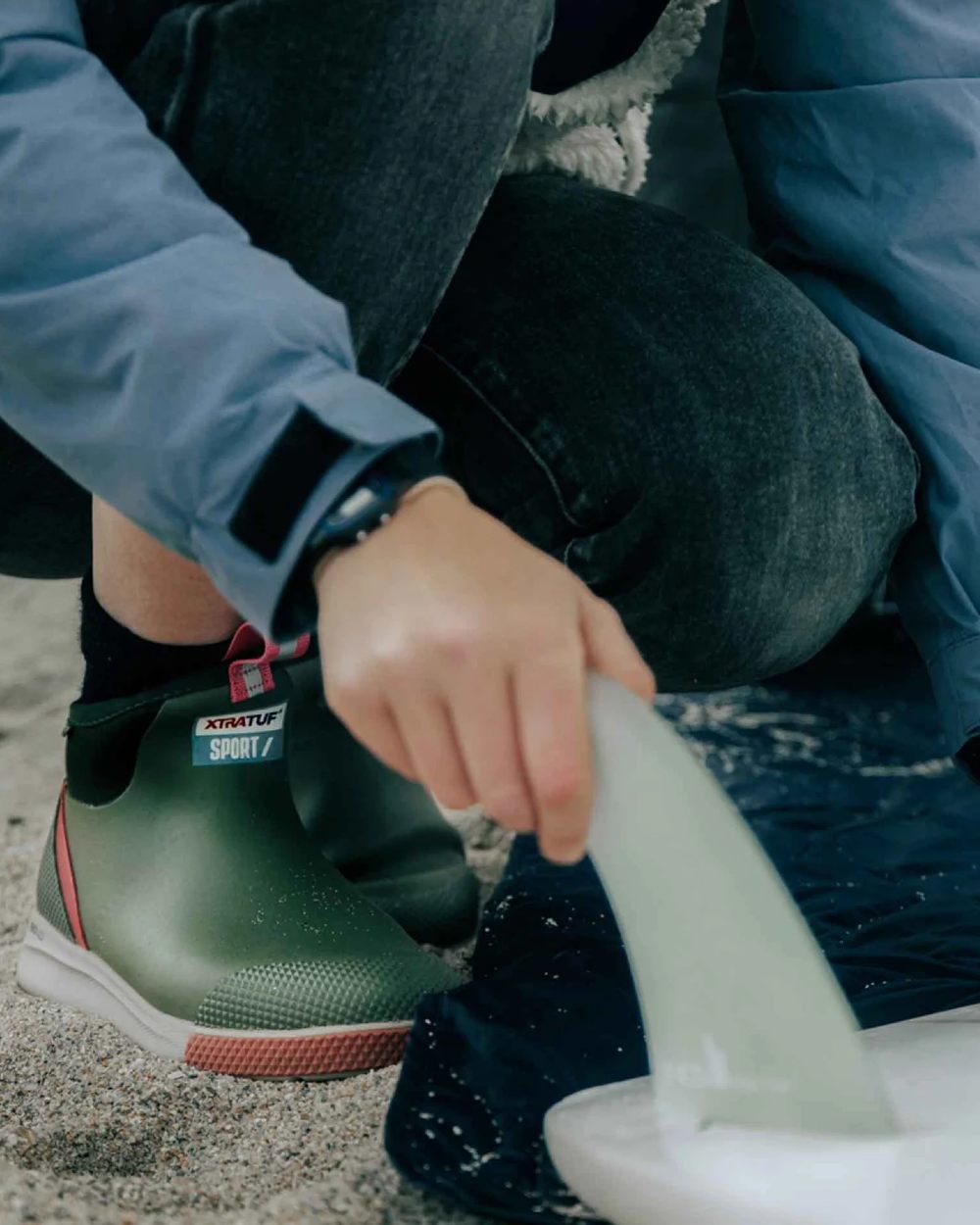 Olive Coloured Xtratuf Womens 6" Ankle Deck Sport Boots on outdoor background