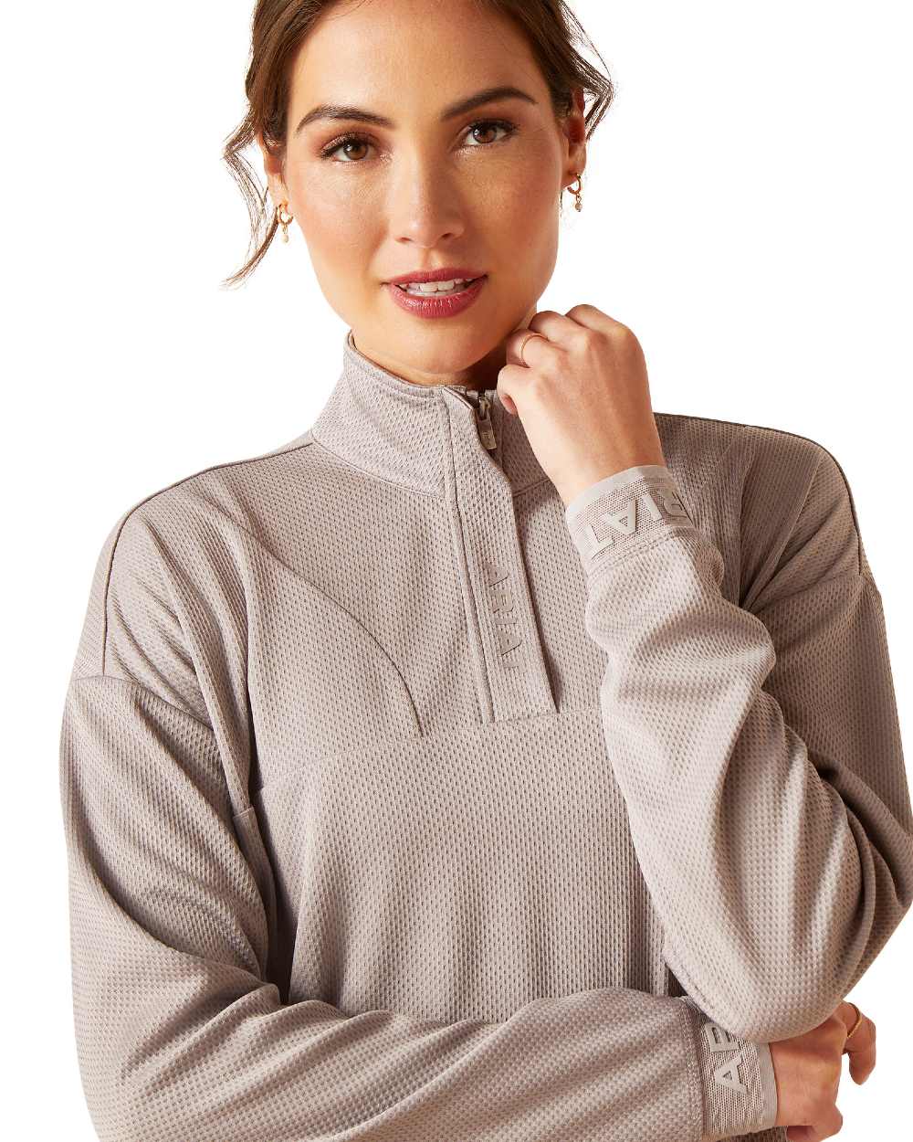 Zinc Coloured Ariat Womens Breathe Half Zip Sweatshirt On A White Background 