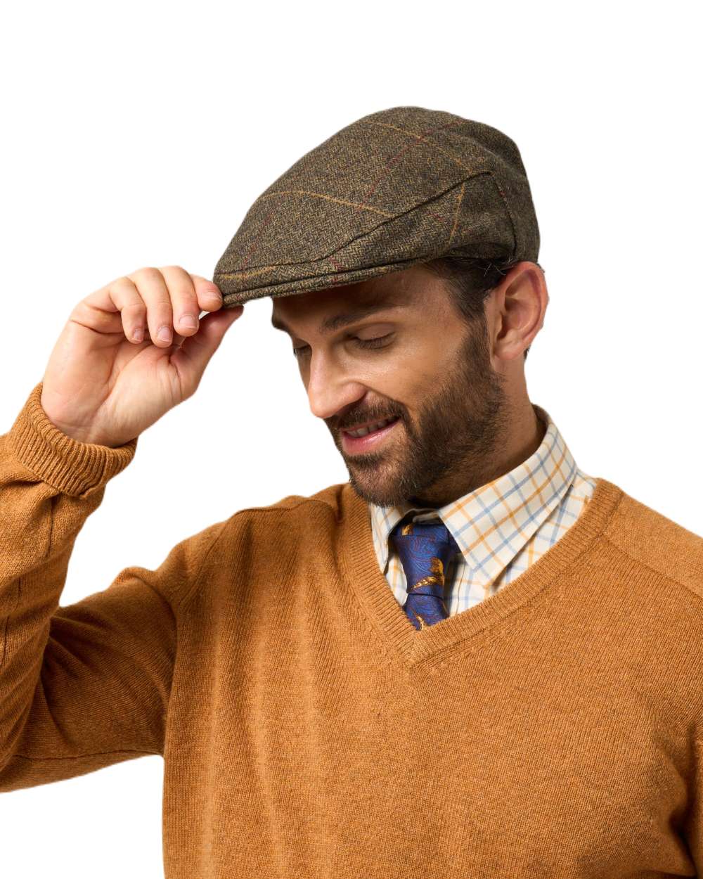 Teak Coloured Alan Paine Combrook Tweed Cap On A White Background