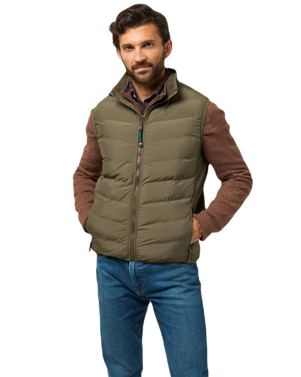 Olive Coloured Alan Paine Mens Calsall Hybrid Gilet On A White Background