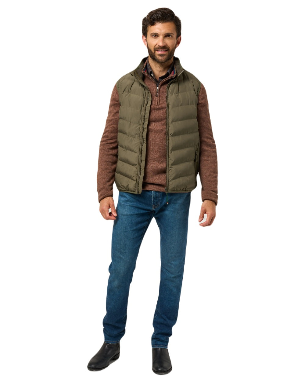 Olive Coloured Alan Paine Mens Calsall Hybrid Gilet On A White Background