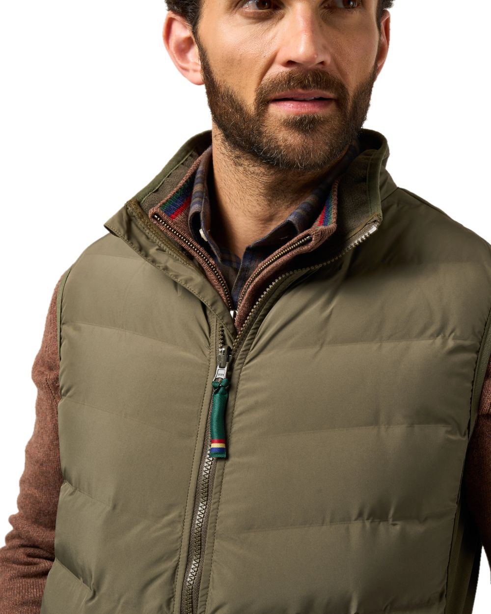 Olive Coloured Alan Paine Mens Calsall Hybrid Gilet On A White Background