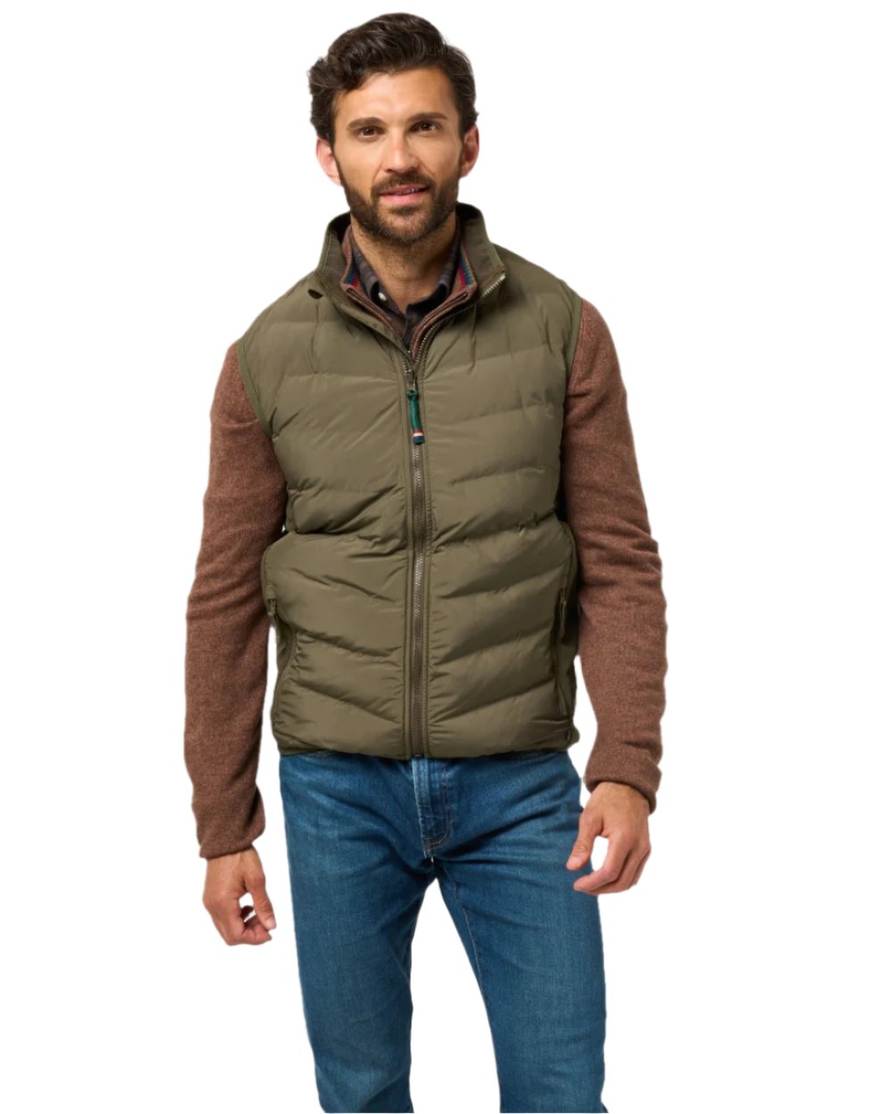 Olive Coloured Alan Paine Mens Calsall Hybrid Gilet On A White Background