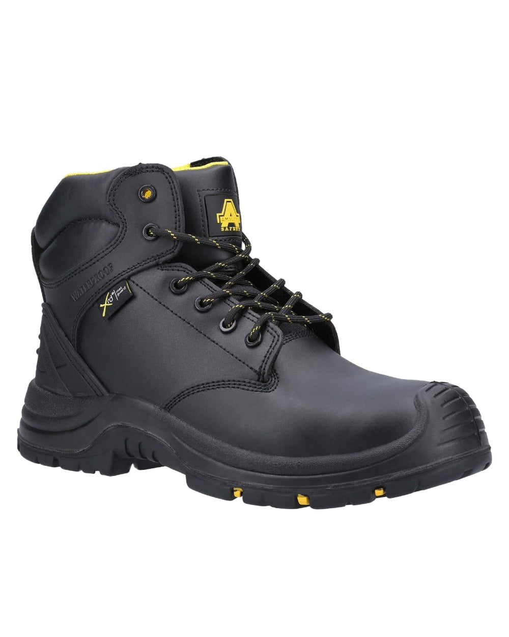 Black Coloured Amblers Safety AS303C Wrekin S3 SRC Waterproof Safety Boots on a white back ground