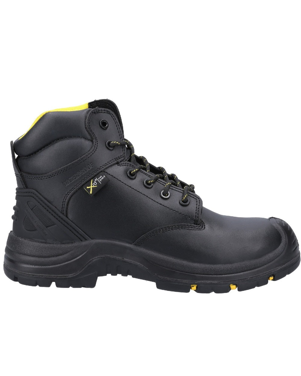 Black Coloured Amblers Safety AS303C Wrekin S3 SRC Waterproof Safety Boots on a white back ground