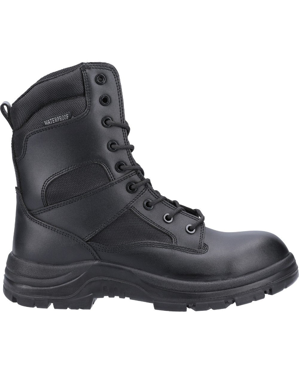 Black Coloured Amblers Safety Combat Hi-Leg Waterproof Boots on a white background