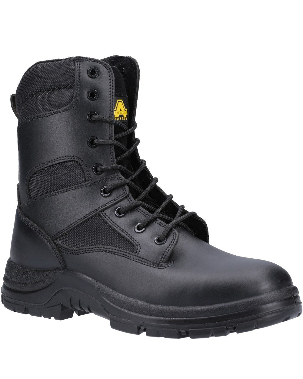 Black Coloured Amblers Safety FS009C Hi-leg Safety Boots on a white background