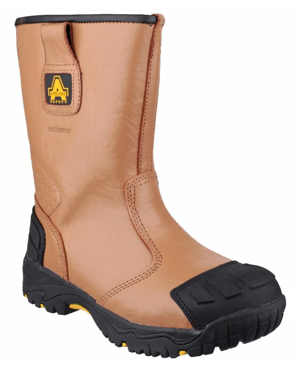 Tan Coloured Amblers Safety FS143 Waterproof S3 SRC Safety Rigger Boots On A White Background
