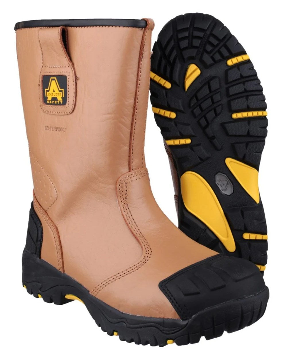 Tan Coloured Amblers Safety FS143 Waterproof S3 SRC Safety Rigger Boots On A White Background