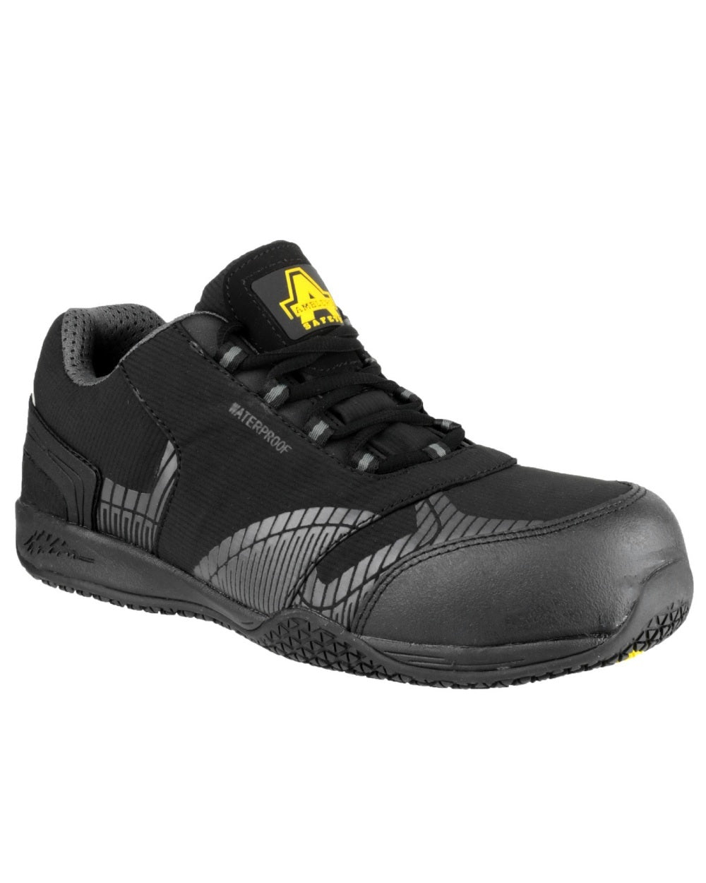 Black Coloured Amblers Safety FS29C Waterproof Metal Free Non Leather Safety Trainer on a white background