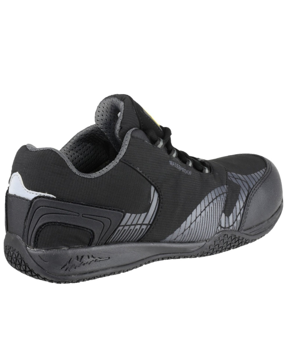 Black Coloured Amblers Safety FS29C Waterproof Metal Free Non Leather Safety Trainer on a white background