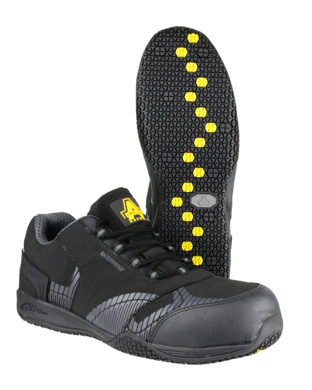 Black Coloured Amblers Safety FS29C Waterproof Metal Free Non Leather Safety Trainer on a white background