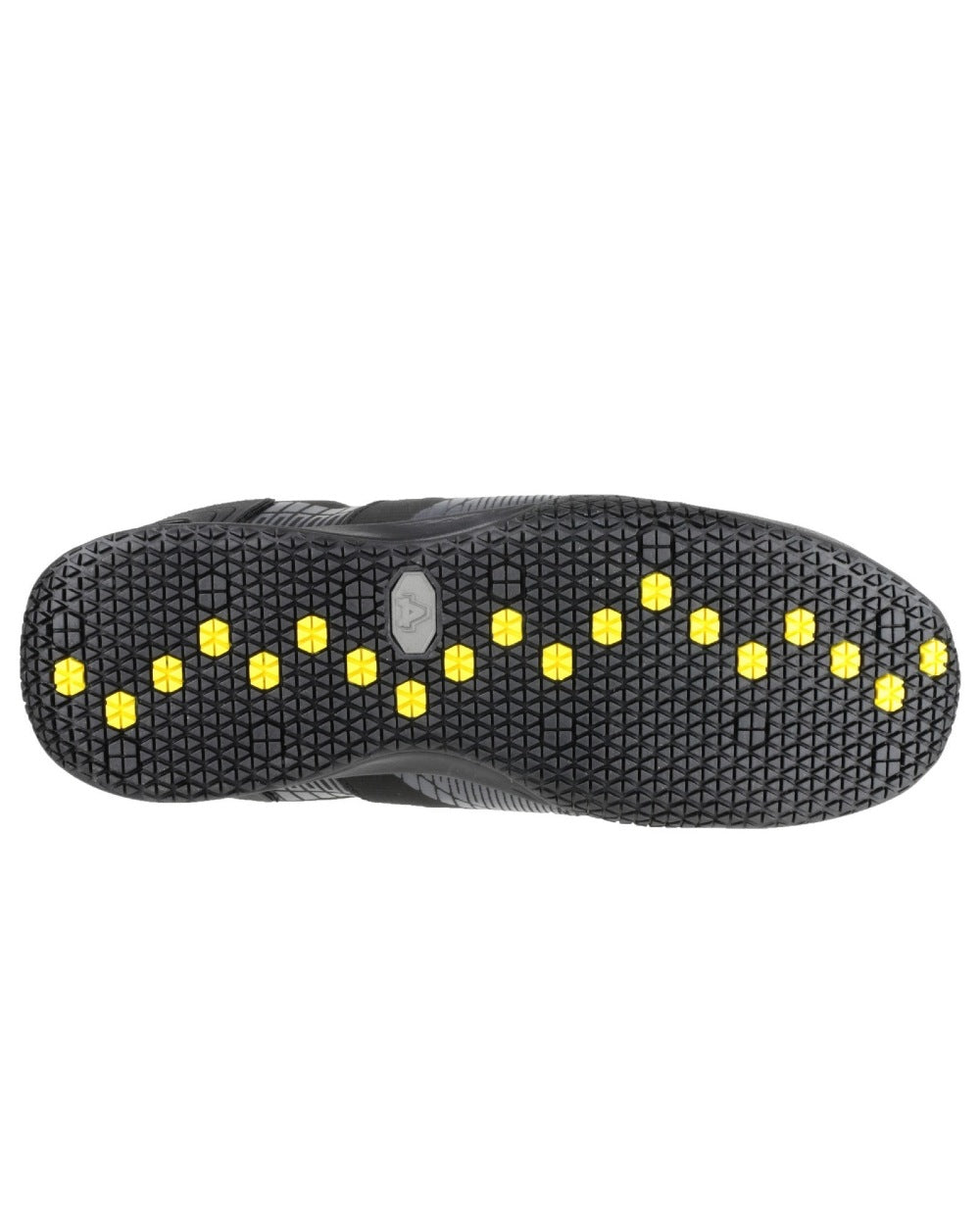 Black Coloured Amblers Safety FS29C Waterproof Metal Free Non Leather Safety Trainer Sole on a white background